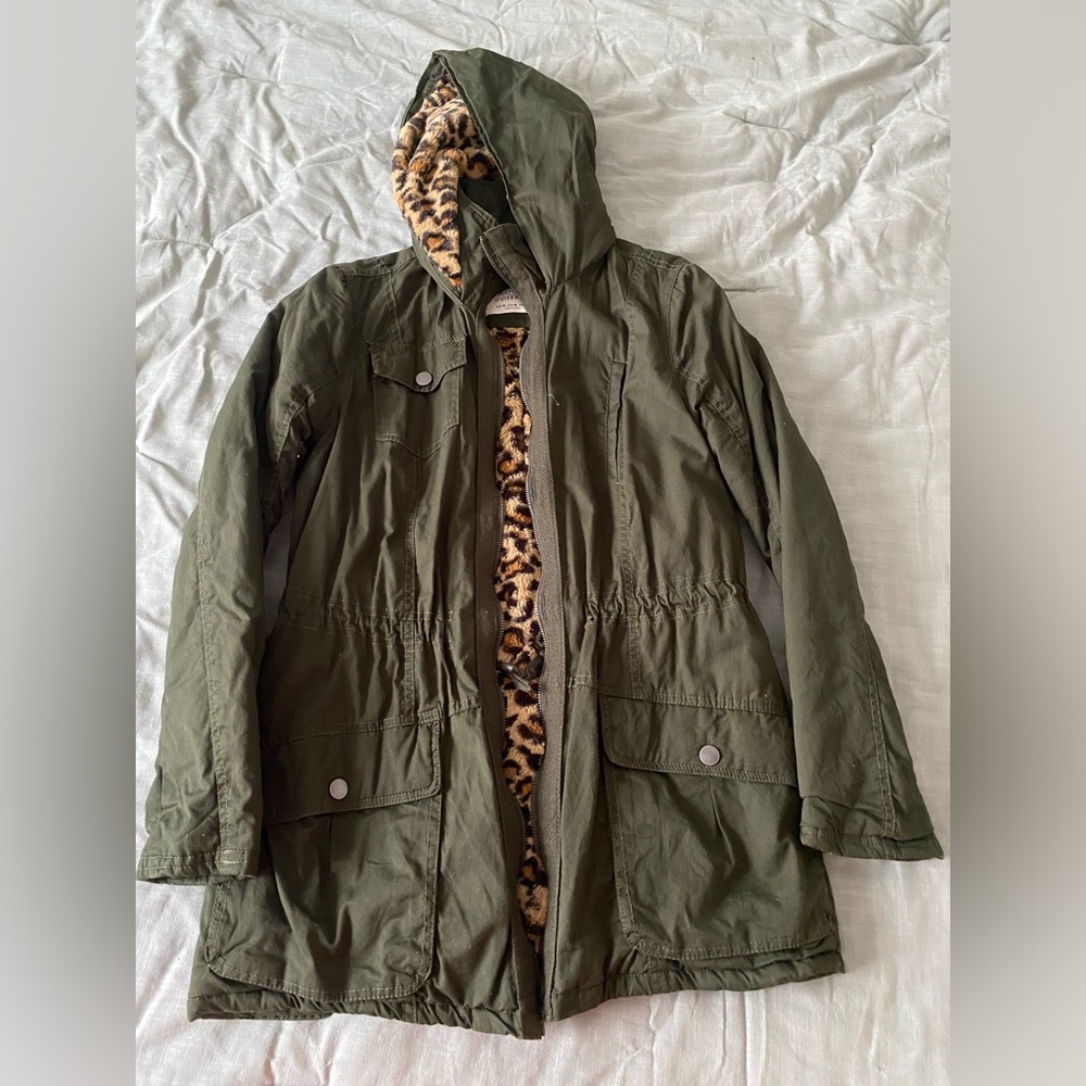Olive Green Hooded Parka with Leopard Lining